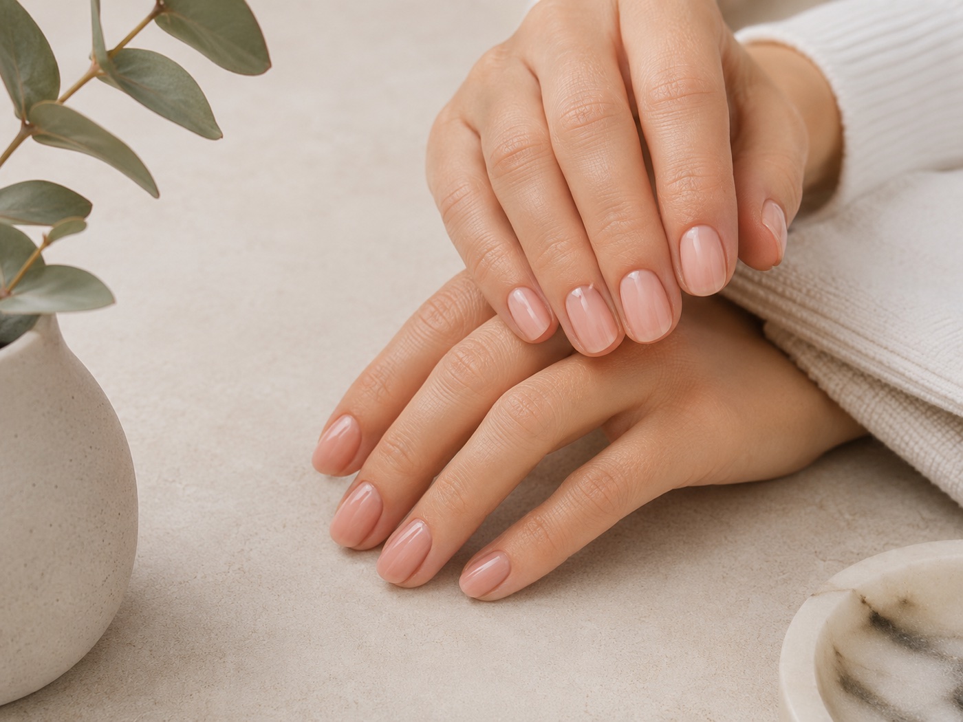 Mãos com esmaltação em gel nude de acabamento brilhante e delicado